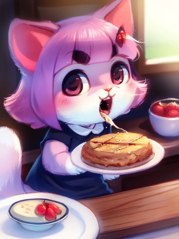 (8k, high resolution,high quality, hyperdetalization),
((masterpiece)), (detailed fur), (detailed face), detailed background
by dagasi,(by personalami), by SilverFox5213,[by Ruan Jia]
((small cat:1.4)), (happy cat) , chibi, open mouth
black dress, short sleeves
cute paws of a cat, fluffy
((cat_nose))
eats, holds the small spoon, plate, kitchen, table
<lora:my_LoRA_masunya_v3:1>