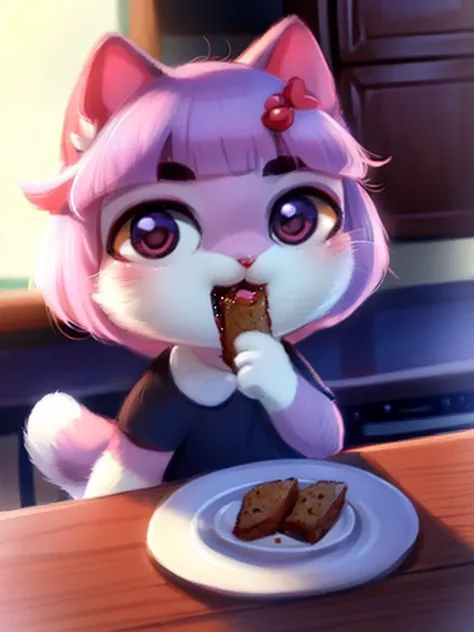 (8k, high resolution,high quality, hyperdetalization),
((masterpiece)), (detailed fur), (detailed face), detailed background
by dagasi,(by personalami), by SilverFox5213,[by Ruan Jia]
((small cat:1.4)), (happy cat) , chibi, open mouth
black dress, short sleeves
cute paws of a cat, fluffy
((cat_nose))
eats, holds the small spoon, plate, kitchen, table
<lora:my_LoRA_masunya_v3:1>