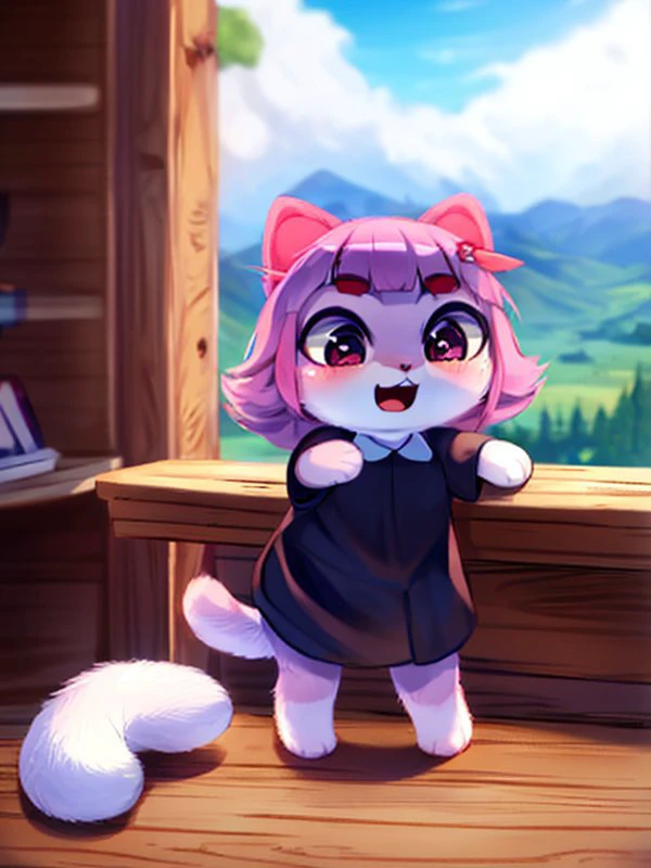(8k, high resolution,high quality),
((masterpiece)),((small cat:1.4)), (detailed fur), (detailed face), detailed background, by dagasi,(by personalami), by SilverFox5213,[by Ruan Jia]
happy cat, chibi, open mouth
black dress
cute paws of a cat, fluffy
((cat_nose))
<lora:my_LoRA_masunya_v3:1>