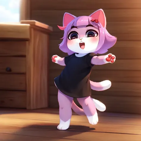 (8k, high resolution,high quality),
((masterpiece)),((small cat:1.4)), (detailed fur), (detailed face), detailed background
by dagasi,(by personalami), by SilverFox5213,[by Ruan Jia]
panorama
(happy dancing cat) jumping, , chibi, dynamic pose, (standing on one leg), open mouth
black t-shirt, short sleeves
cute paws of a cat, fluffy
((cat_nose))
3d,render,
<lora:my_LoRA_masunya_v3:1>