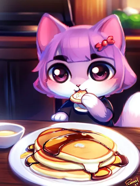 (8k, high resolution,high quality, hyperdetalization),
((masterpiece)), (detailed fur), (detailed face), detailed background
by dagasi,(by personalami), by SilverFox5213,[by Ruan Jia]
((small cat:1.4)), (happy cat) , chibi
black dress, short sleeves
cute paws of a cat, fluffy
((cat_nose))
eats,  ((bites the pancake)), holding a pancake in his hands, plate, kitchen, table
<lora:my_LoRA_masunya_v3:1>