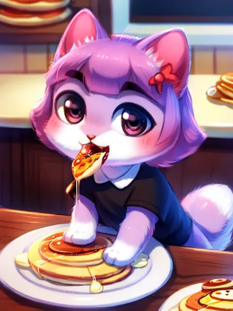 (8k, high resolution,high quality, hyperdetalization),
((masterpiece)), (detailed fur), (detailed face), detailed background
by dagasi,(by personalami), by SilverFox5213,[by Ruan Jia]
((small cat:1.4)), (happy cat) , chibi, open mouth
black dress, short sleeves
cute paws of a cat, fluffy
((cat_nose))
eats,  ((bites the pancake)), plate, kitchen, table
<lora:my_LoRA_masunya_v3:1>