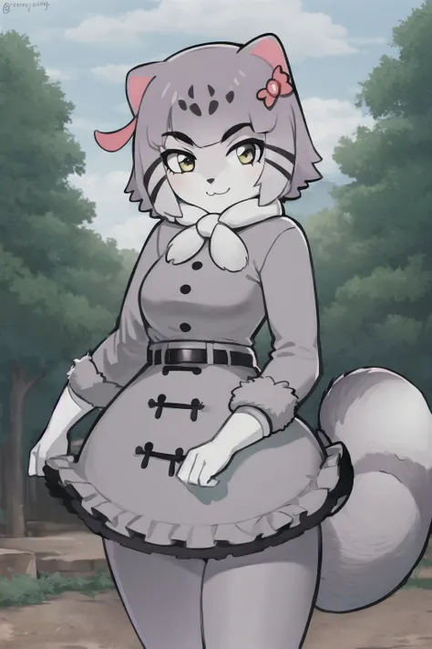 (masterpiece, best quality, high resolution, distinct image:1.2), 1girl, solo, <lora:manul:0.7>, tail, grey hair, multicolored hair, cat_tail, cat ears, yellow eyes, striped tail, short hair, scarf, fur trim, grey skirt, white footwear, white gloves, frilled skirt, grey pantyhose, multicolored clothes, grey jacket, long sleeves, fur collar, fur-trimmed boots, buckle, belt buckle, white hair, elbow gloves, two-tone hair, white scarf, fur-trimmed sleeves, forest, cowboy shot, light smile, <lora:my_LoRA_masunya_v3:1> masyunya, 1girl, solo