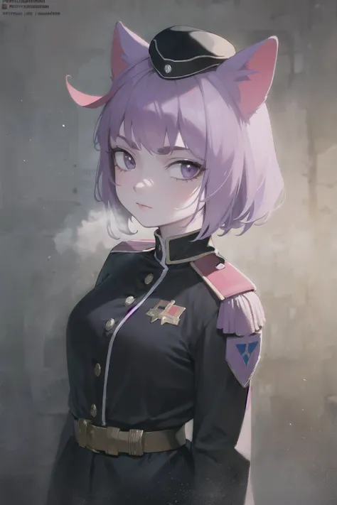 pkwhiteguard, uniform, 1girl, red epaulettes, red hat, adult, cosplay, black uniform, ,, (masterpiece, best quality), intricate details, 8k, artstation, wallpaper, official art, splash art, sharp focus <lora:drozd:1> beautiful, masterpiece, best quality, (masunya:1.3),cat ears, (purple skin color:1.5), bright, steam, good lighting, <lora:my_LoRA_masunya_v3:0.7>