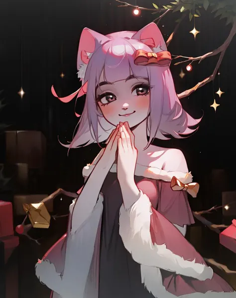((masterpiece)), (detailed face), 1 girl, fullbody, girl gives present, pov, <lora:my_LoRA_masunya_v3:1>, happy smile, <lora:Ears Down:0.7>, cat ears, beautiful hands, <lora:Santa Dress_v1:0.8> santa dress, (((present in hands))), christmas tree on background , soft sparkles