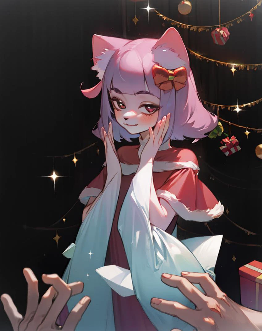 ((masterpiece)), (detailed face), 1 girl, fullbody, girl gives present, pov, <lora:my_LoRA_masunya_v3:1>, happy smile, <lora:Ears Down:0.7>, cat ears, beautiful hands, <lora:Santa Dress_v1:0.8> santa dress, (((present in hands))), christmas tree on background , soft sparkles