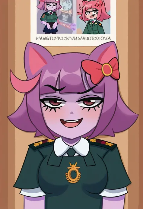 score_9, best quality, masterpiece, uncensored, source_anime
BREAK
1girl, solo, short hair, open mouth, shirt, military, military uniform, poster (object), smug,
masunya, masyunya (vkontakte), masyunya /(vkontakte/), cat ears, purple skin color, hair bow, <lora:masunya-masyunya_ponyXL_v1:0.8>
<lora:duhota_pony_v3:0.9>