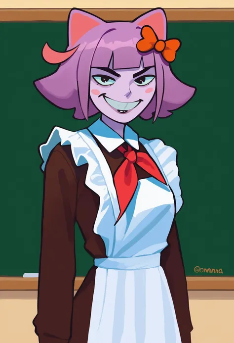 score_9, score_8_up,score_7_up, score_6_up,source_anime, BREAK yom style, by yomu, solo, Soviet schoolgirl uniform, frilled apron, frilled hair scrunchie, red neckerchief, smile, school blackboard, <lora:Soviet_Schoolgirl_Uniform:0.8>
masunya, masyunya (vkontakte), masyunya /(vkontakte/), cat ears, purple skin color, hair bow, <lora:masunya-masyunya_ponyXL_v1:0.6>
(evil grin:1.3)