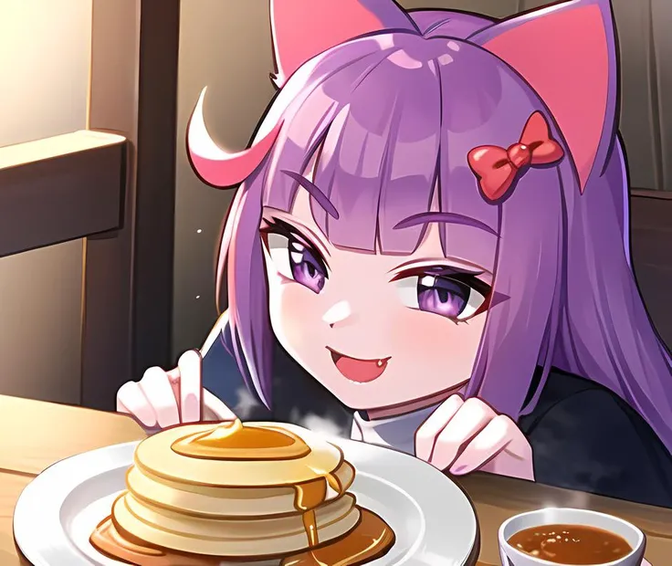 fang, happy, food, pancake, masterpiece, best quality, masunya, cat ears, purple skin color, 1girl, <lora:my_LoRA_masunya_v3:0.7>