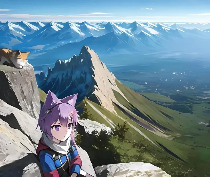 alpinist, climber, mountain, masterpiece, best quality, masunya, cat ears, purple skin color, 1girl, <lora:my_LoRA_masunya_v3:0.7>