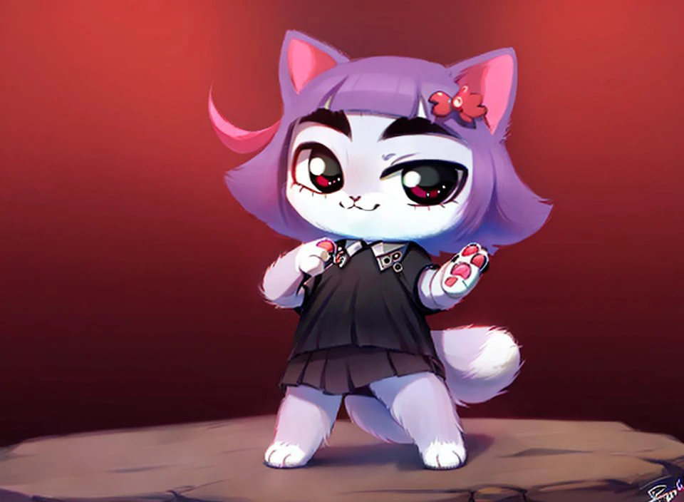 (8k, high resolution,high quality)
((masterpiece)), (detailed fur), (detailed face), detailed background
by dagasi,(by personalami), by SilverFox5213,[by Ruan Jia]
((small 1cat:1.4)), solo, (happy 1cat) , chibi, dynamic pose
black dress, short sleeves
cute paws of a cat, fluffy
((cat_nose))
punk-rock, blackmetal, thorns, black makeup, musician, jacket
<lora:my_LoRA_masunya_v3:1>
 <lora:blckmtl:1.2>