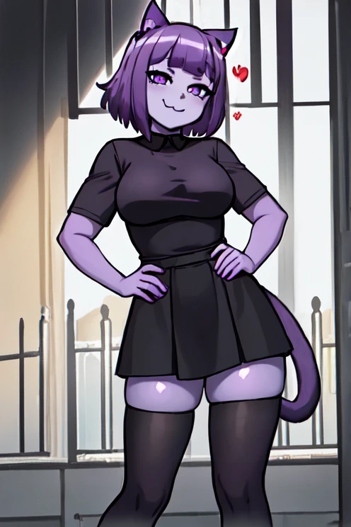 realistic photo of a masunya, (masterpiece:1.5) (medium breasts:1.5), mature female, helltaker, vanripper \(style\), (purple skin color:1.5), full body, absurdres, cat ears, breasts, highres, short hair, solo, thighhighs, jeremy lipking, masterpiece by jeremy lipking, heart-shaped pupils, looking at viewer, hourglass, best quality, bottom heavy, black thighhighs, black dress, tall, raised eyebrow, :3, double v, stable, plump, adult, light smile, cat tail, standing, hand on hip, close-up, portrait, black t-shirt, white background, gradient background,