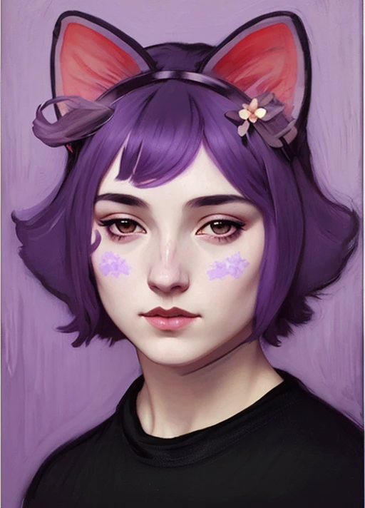 poster portrait of realistic masunya, (purple skin color:1.1), cat ears, solo, by Jeremy Lipking, by William Bouguereau, (by Alphonse Mucha:0.5), by d-art sfw <lora:masunyaMasyunya_v0000228_2:0.7>