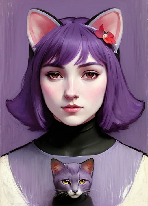 poster portrait of realistic masunya, (purple skin color:1.1), cat ears, solo, by Jeremy Lipking, by William Bouguereau, (by Alphonse Mucha:0.5), by d-art , sfw <lora:masunyaMasyunya_v0000228_2:0.7>