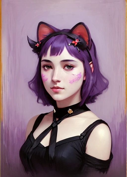 poster portrait of realistic masunya, (purple skin color:1.1), cat ears, solo, by Jeremy Lipking, by William Bouguereau, (by Alphonse Mucha:0.5), by d-art , sfw <lora:masunyaMasyunya_v0000228_2:0.7>