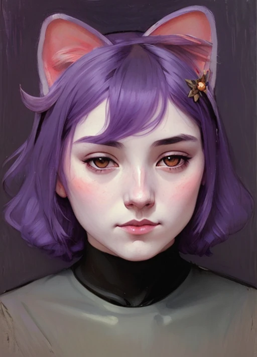 poster portrait of realistic masunya, (purple skin color:1.1), cat ears, sad, solo, by Jeremy Lipking, by William Bouguereau, (by Alphonse Mucha:0.5), by d-art sfw <lora:masunyaMasyunya_v0000228_2:0.7>
