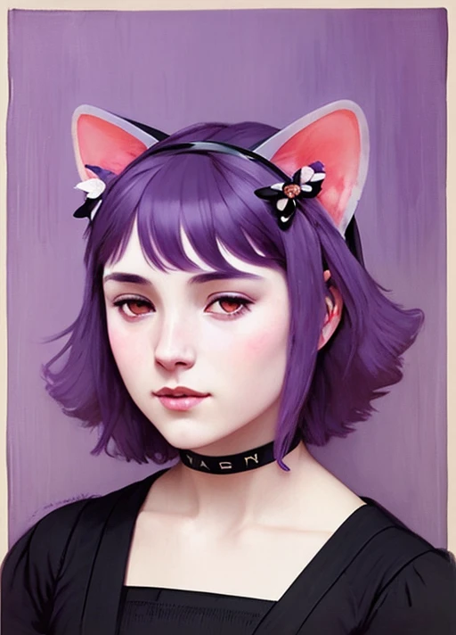 poster portrait of realistic masunya, (purple skin color:1.1), cat ears, solo, by Jeremy Lipking, by William Bouguereau, (by Alphonse Mucha:0.5), by d-art , sfw <lora:masunyaMasyunya_v0000228_2:0.7>