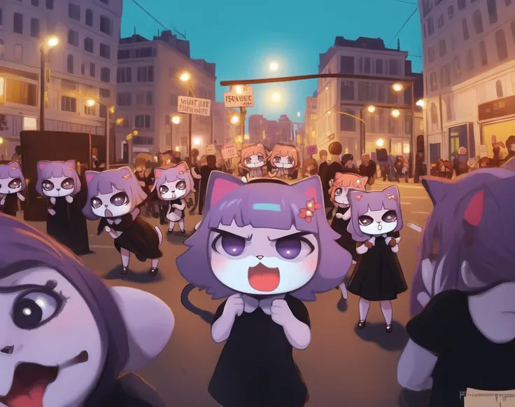 (chibi:1.2), beautiful, masterpiece, best quality, masunya, cat ears, (purple skin color:1.1), maid dress, solo, activist, protest sign, demonstration, determined expression, social justice, angry, screaming, outdoors, crowded street, fisheye,<lora:my_LoRA_masunya_v3:0.8> by Jeremy Lipking, by William Bouguereau, (by Alphonse Mucha:0.5),