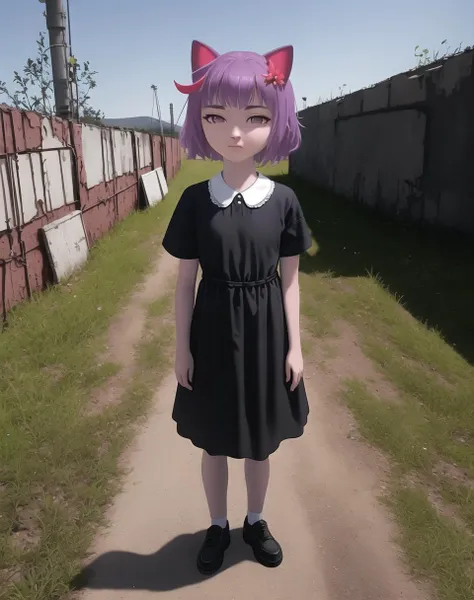 historical photo of masunya, cat ears, (purple skin color:1.1), maid dress, solo, standing in Chernobyl, highly detailed, 8k, <lora:my_LoRA_masunya_v3:0.8>