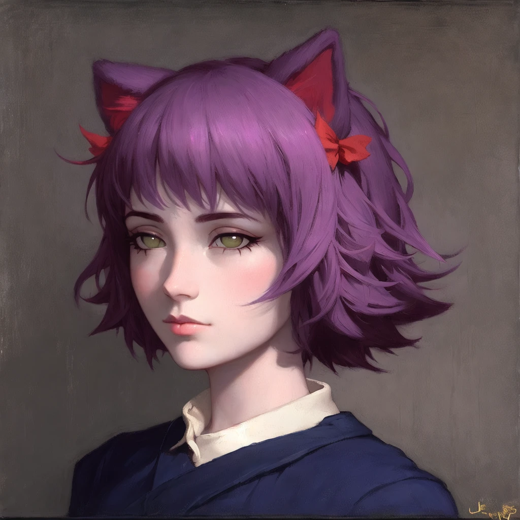 realistic (Mugshot:1.1) of a beautiful, masterpiece, best quality, masunya, cat ears, (purple skin color:1.1), (Prison uniform:1.2), (hairstyle:1.2), (expressionless:1.2), by Jeremy Lipking, by William Bouguereau, (by Alphonse Mucha:0.5), sabudenego, masterpiece<lora:my_LoRA_masunya_v3:0.8>
