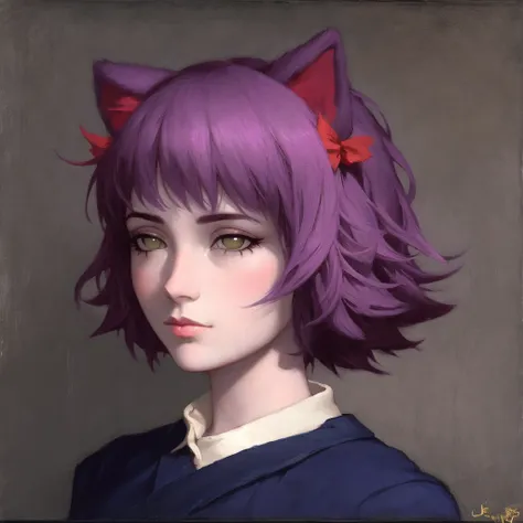 realistic (Mugshot:1.1) of a  beautiful, masterpiece, best quality, masunya, cat ears,  (purple skin color:1.1), (Prison uniform:1.2), (hairstyle:1.2), (expressionless:1.2), by Jeremy Lipking, by William Bouguereau, (by Alphonse Mucha:0.5), sabudenego, masterpiece<lora:my_LoRA_masunya_v3:0.8>