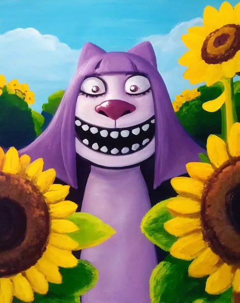 sfw, 1girl, solo, lozhkin, big smile, accurate teeth with gaps <lora:lozhkin_V1:0.65>, masunya, cat ears, (purple skin color:1.1), <lora:my_LoRA_masunya_v3:0.8> outdoors, summer sunflower field, fisheye,