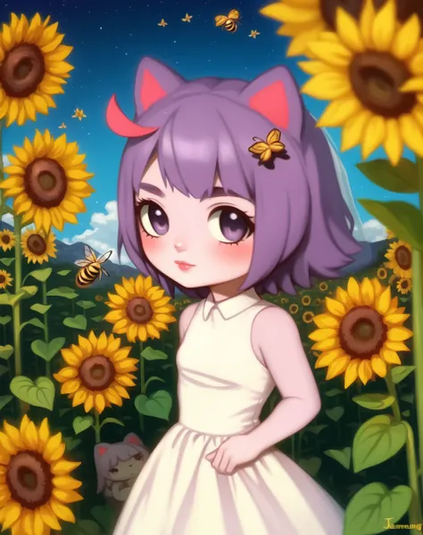 (chibi:1.1), beautiful, masterpiece, best quality, masunya, cat ears,  (purple skin color:1.1), (white wedding dress:1.1), outdoors, multiple bees, water,elon,  summer sunflower field, fisheye,<lora:my_LoRA_masunya_v3:0.8> by Jeremy Lipking, by William Bouguereau, (by Alphonse Mucha:0.5),