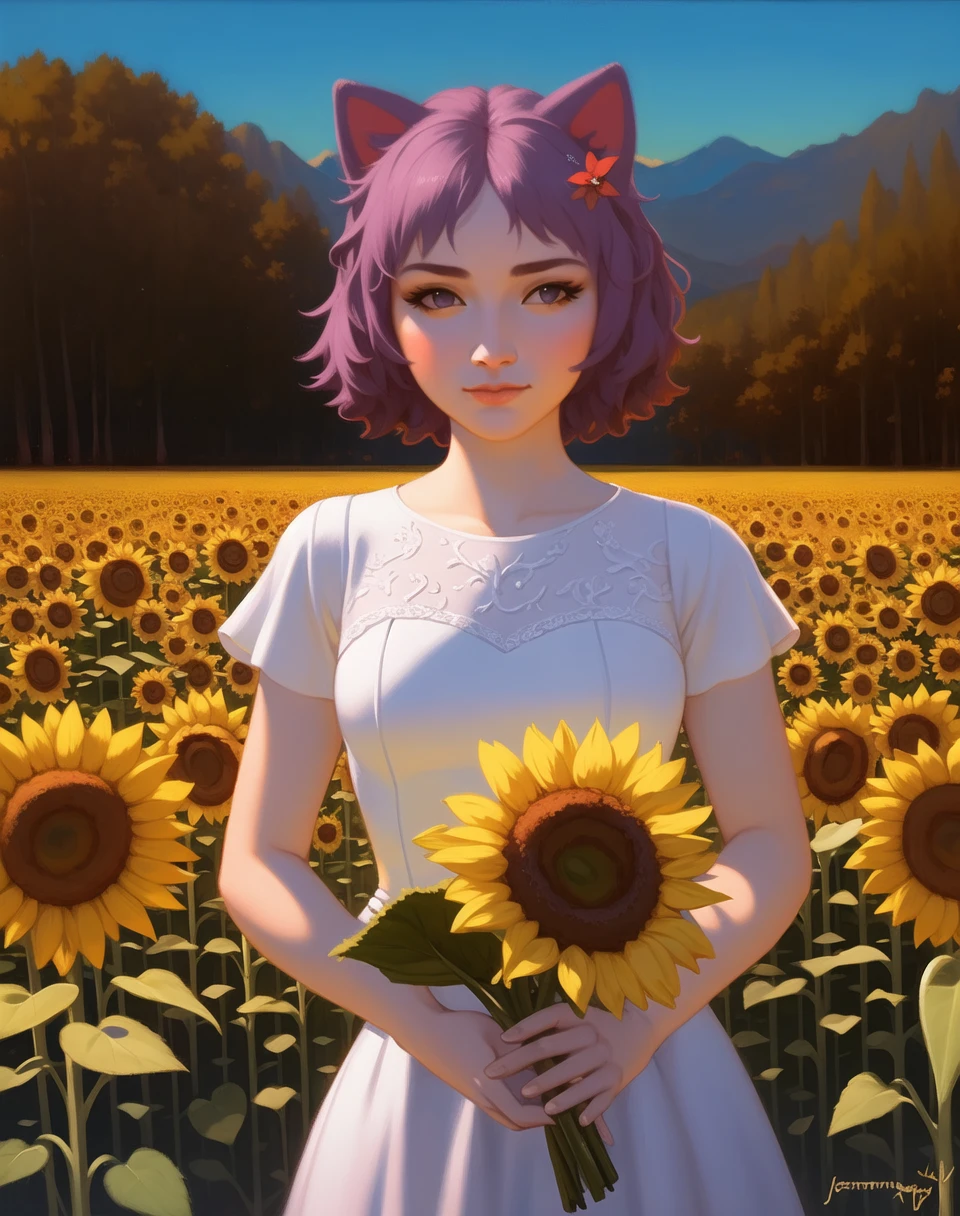 beautiful, masterpiece, best quality, masunya, cat ears, (purple skin color:1.1), (white wedding dress:1.1), outdoors, summer sunflower field, fisheye,<lora:my_LoRA_masunya_v3:0.8> by Jeremy Lipking, by William Bouguereau, (by Alphonse Mucha:0.5),