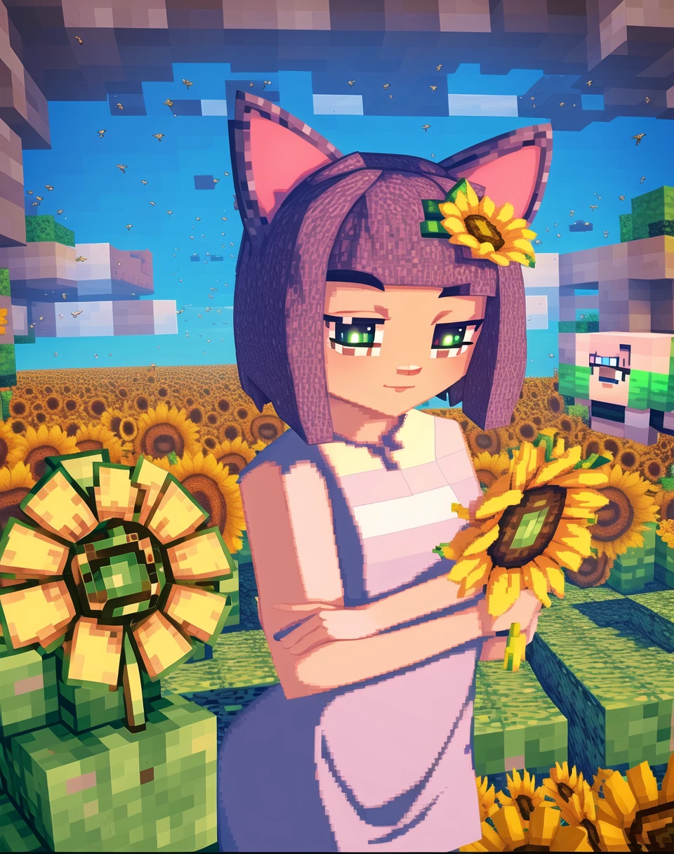 beautiful, masterpiece, best quality, masunya, cat ears, (purple skin color:1.1), (white wedding dress:1.1), outdoors, multiple bees, water,elon, summer sunflower field, fisheye,<lora:my_LoRA_masunya_v3:0.8> (minecraft style:1.2)