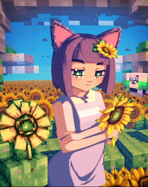 beautiful, masterpiece, best quality, masunya, cat ears,  (purple skin color:1.1), (white wedding dress:1.1), outdoors, multiple bees, water,elon,  summer sunflower field, fisheye,<lora:my_LoRA_masunya_v3:0.8> (minecraft style:1.2)