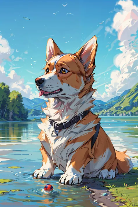 corgi style by snatti, PIXIV, by the lake, toy ball floating on the water, blue sky, cute, adorable,
composition, (masterpiece), top quality, best quality, (absurdres), deep focus, intricate details, high quality, ultra high res, 8k, UHD, HD <lora:corgi style by snatti_20231101164707-000014:0.6> <lora:add_detail:0.4>