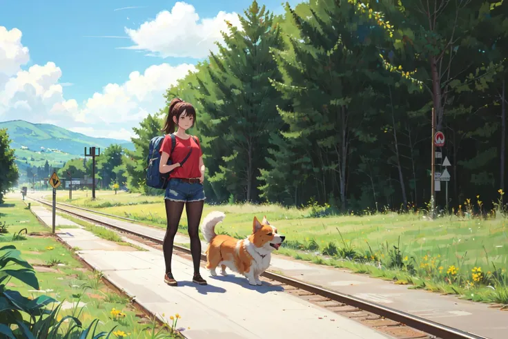 (masterpiece:1.2), best quality,PIXIV, corgi style by snatti,
1girl, outdoors, shorts, dog, brown hair, tree, sign, shirt, ponytail, road sign, road, pantyhose, bag, day, red shirt, hands on hips, grass, scenery, denim, denim shorts, backpack, railroad tracks, animal, standing, shoes, belt, sunlight, nature, legwear under shorts
<lora:corgi style by_20231101164707-000014:0.7>