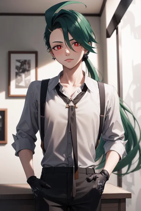 absurdres, best quality, 1girl, solo, eye focus, looking at viewer,  <lora:pokemon_rika:1>, rika, ahoge, ponytail, bright pupils, white pupils, grey collared shirt, necktie, suspenders, black pants, gloves, earrings, green hair, red eyes, bright pupils, collarbone