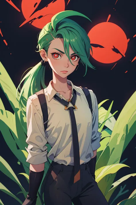 absurdres, best quality, 1girl, solo, eye focus, looking at viewer, <lora:pokemon_rika:1>, rika, ahoge, ponytail, bright pupils, white pupils, grey collared shirt, necktie, suspenders, black pants, gloves, earrings, green hair, red eyes, bright pupils, collarbone