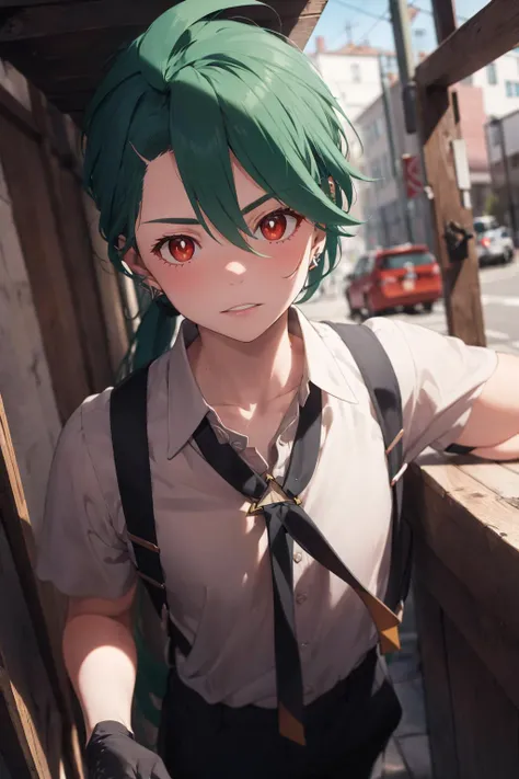 absurdres, best quality, 1girl, solo, eye focus, looking at viewer,  <lora:pokemon_rika:1>, rika, ahoge, ponytail, bright pupils, white pupils, grey collared shirt, necktie, suspenders, black pants, gloves, earrings, green hair, red eyes, bright pupils, collarbone