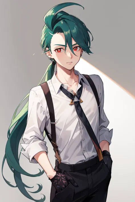 absurdres, best quality, 1girl, solo, eye focus, looking at viewer,  <lora:pokemon_rika:1>, rika, ahoge, ponytail, bright pupils, white pupils, grey collared shirt, necktie, suspenders, black pants, gloves, earrings, green hair, red eyes, bright pupils, collarbone