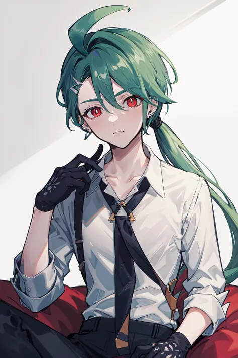 absurdres, best quality, 1girl, solo, eye focus, looking at viewer, <lora:pokemon_rika:1>, rika, ahoge, ponytail, bright pupils, white pupils, grey collared shirt, necktie, suspenders, black pants, gloves, earrings, green hair, red eyes, bright pupils, collarbone