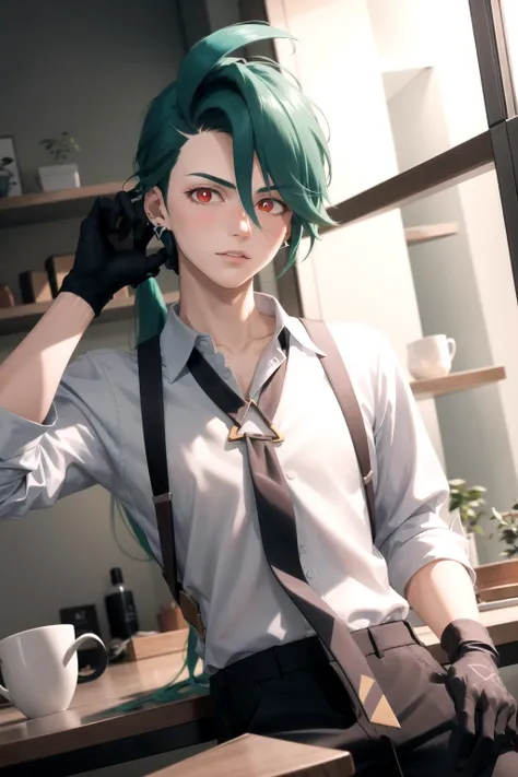 absurdres, best quality, 1girl, solo, eye focus, looking at viewer, <lora:pokemon_rika:1>, rika, ahoge, ponytail, bright pupils, white pupils, grey collared shirt, necktie, suspenders, black pants, gloves, earrings, green hair, red eyes, bright pupils, collarbone