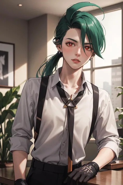 absurdres, best quality, 1girl, solo, eye focus, looking at viewer, <lora:pokemon_rika:1>, rika, ahoge, ponytail, bright pupils, white pupils, grey collared shirt, necktie, suspenders, black pants, gloves, earrings, green hair, red eyes, bright pupils, collarbone