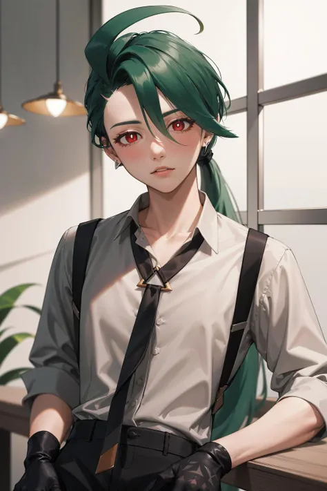 absurdres, best quality, 1girl, solo, eye focus, looking at viewer, <lora:pokemon_rika:1>, rika, ahoge, ponytail, bright pupils, white pupils, grey collared shirt, necktie, suspenders, black pants, gloves, earrings, green hair, red eyes, bright pupils, collarbone