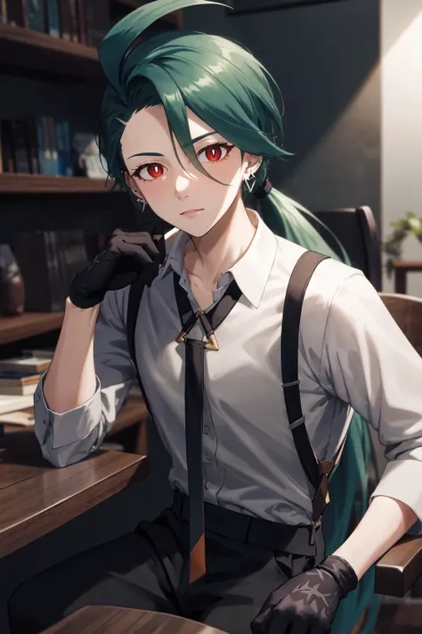 absurdres, best quality, 1girl, solo, eye focus, looking at viewer, <lora:pokemon_rika:1>, rika, ahoge, ponytail, bright pupils, white pupils, grey collared shirt, necktie, suspenders, black pants, gloves, earrings, green hair, red eyes, bright pupils, collarbone