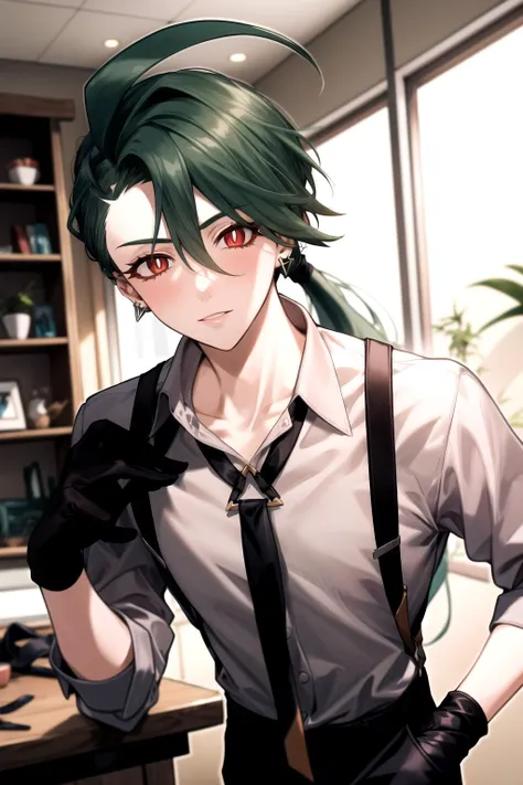 absurdres, best quality, 1girl, solo, eye focus, looking at viewer, <lora:pokemon_rika:1>, rika, ahoge, ponytail, bright pupils, white pupils, grey collared shirt, necktie, suspenders, black pants, gloves, earrings, green hair, red eyes, bright pupils, collarbone