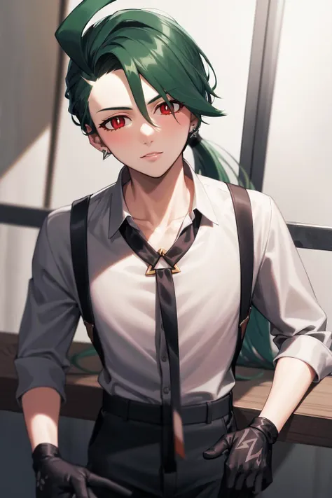 absurdres, best quality, 1girl, solo, eye focus, looking at viewer,  <lora:pokemon_rika:1>, rika, ahoge, ponytail, bright pupils, white pupils, grey collared shirt, necktie, suspenders, black pants, gloves, earrings, green hair, red eyes, bright pupils, collarbone