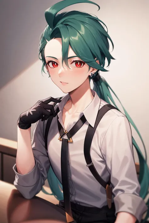 absurdres, best quality, 1girl, solo, eye focus, looking at viewer, <lora:pokemon_rika:1>, rika, ahoge, ponytail, bright pupils, white pupils, grey collared shirt, necktie, suspenders, black pants, gloves, earrings, green hair, red eyes, bright pupils, collarbone