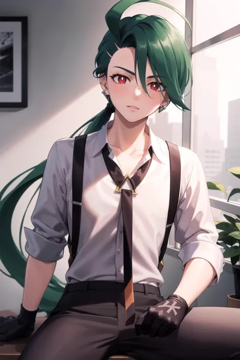 absurdres, best quality, 1girl, solo, eye focus, looking at viewer, <lora:pokemon_rika:1>, rika, ahoge, ponytail, bright pupils, white pupils, grey collared shirt, necktie, suspenders, black pants, gloves, earrings, green hair, red eyes, bright pupils, collarbone