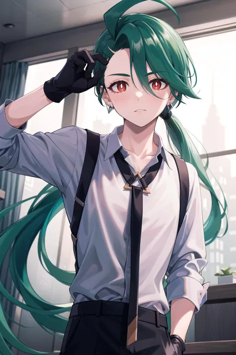 absurdres, best quality, 1girl, solo, eye focus, looking at viewer, <lora:pokemon_rika:1>, rika, ahoge, ponytail, bright pupils, white pupils, grey collared shirt, necktie, suspenders, black pants, gloves, earrings, green hair, red eyes, bright pupils, collarbone