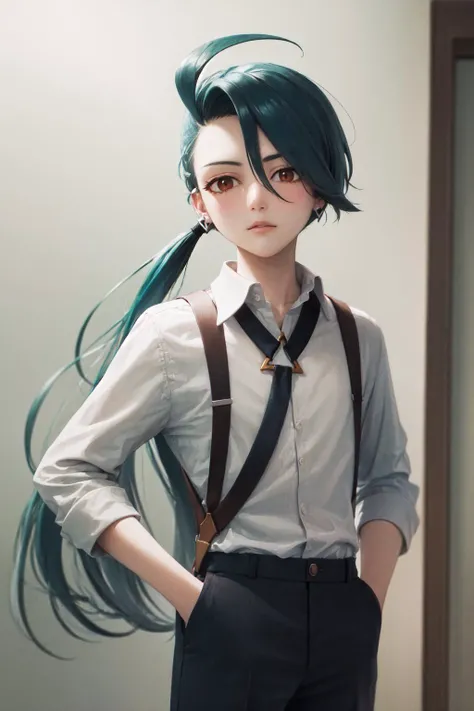 (masterpiece, best quality:1.2), <lyco:pokemon_rika-19:1.0>, cowboy shot, solo, 1girl, rika, expressionless, looking at viewer, hands in pockets, ahoge, ponytail, collared shirt, necktie, suspenders, black pants, earrings