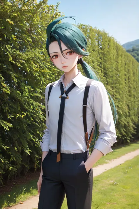 (masterpiece, best quality:1.2), <lyco:pokemon_rika-19:1.0>, cowboy shot, solo, 1girl, rika, expressionless, looking at viewer, hands in pockets, ahoge, ponytail, collared shirt, necktie, suspenders, black pants, earrings