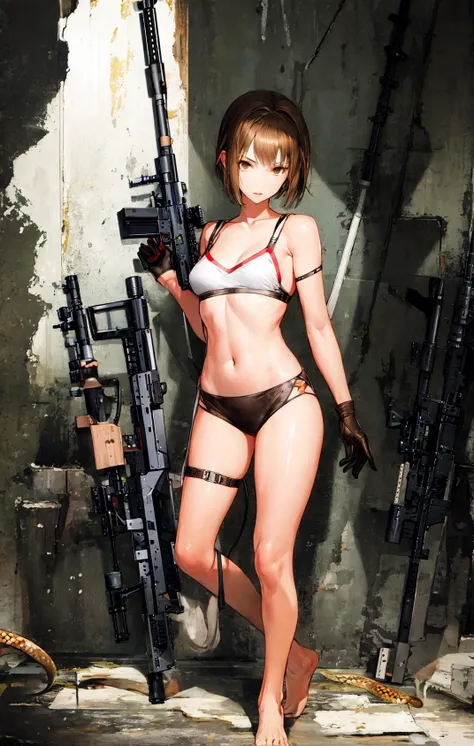 1girl, arm_strap, assault_rifle, bandeau, barefoot, breasts, brown_eyes, brown_hair, gloves, gun, looking_at_viewer, pointy_ears, rifle, robot, short_hair, snake_tail, solo, tail, thigh_strap, weapon <lora:style_Liduke:1>