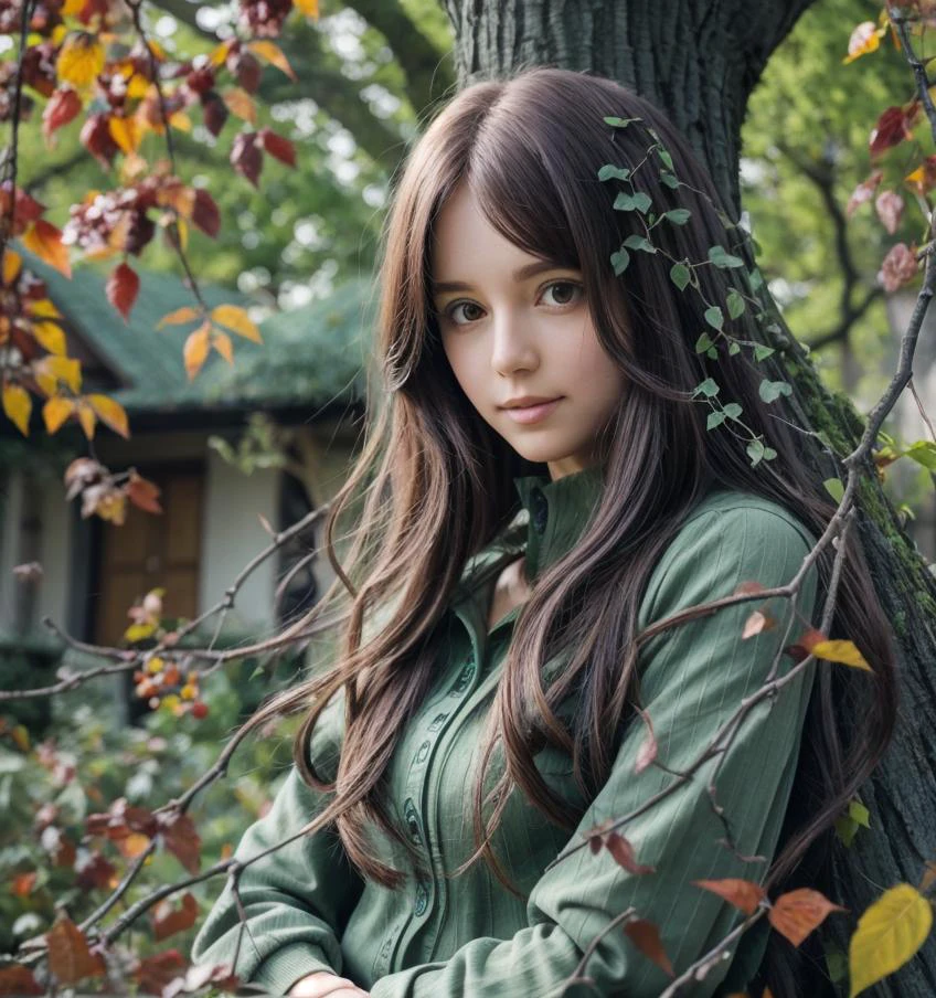 Immense tree city, houses in branches, residents swinging on vines, reminiscent of nature-centric anime.